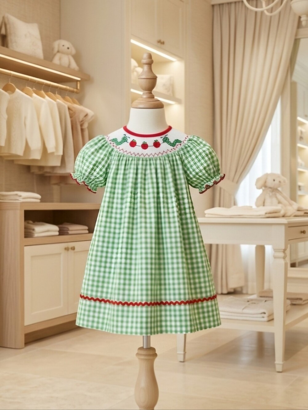 Rylee Faith Designs Smocked Bookworm Bishop Dress Green Gingham Girls Sz 2Y